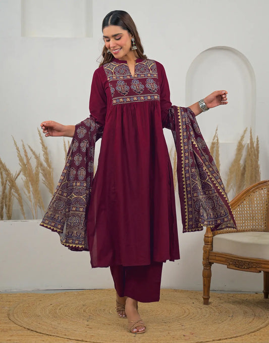 Cotton Printed A-Line 3 Piece Kurta Set