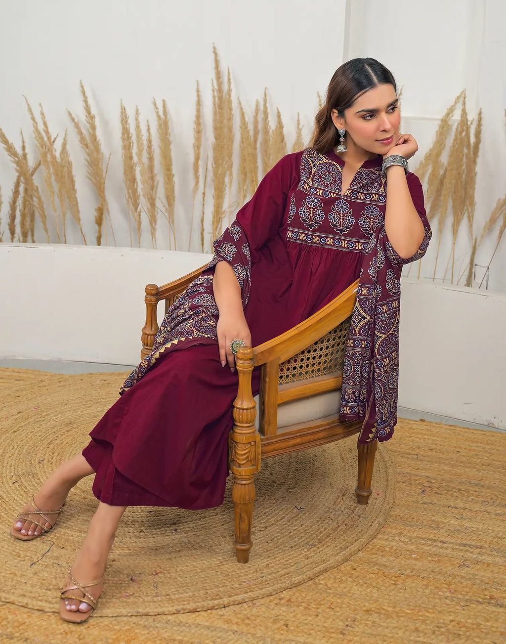 Skylee Cotton Printed A-Line 3 Piece Kurta Set For Woman