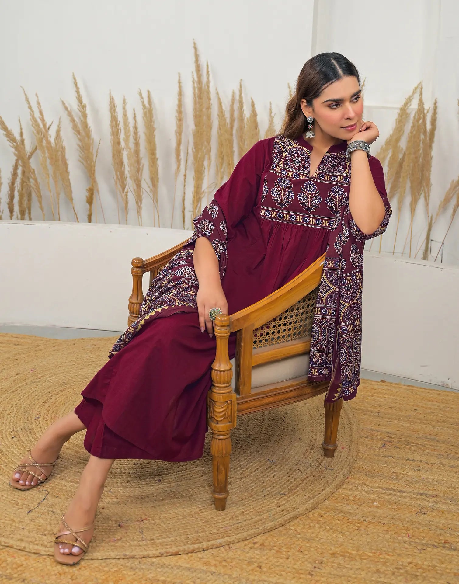 Skylee Cotton Printed A-Line 3 Piece Kurta Set For Woman