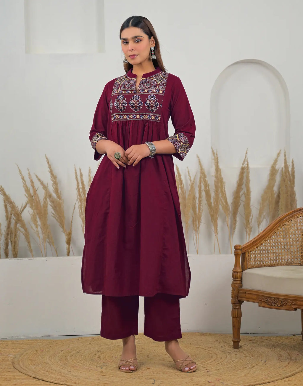 Skylee Cotton Printed A-Line 3 Piece Kurta Set For Woman