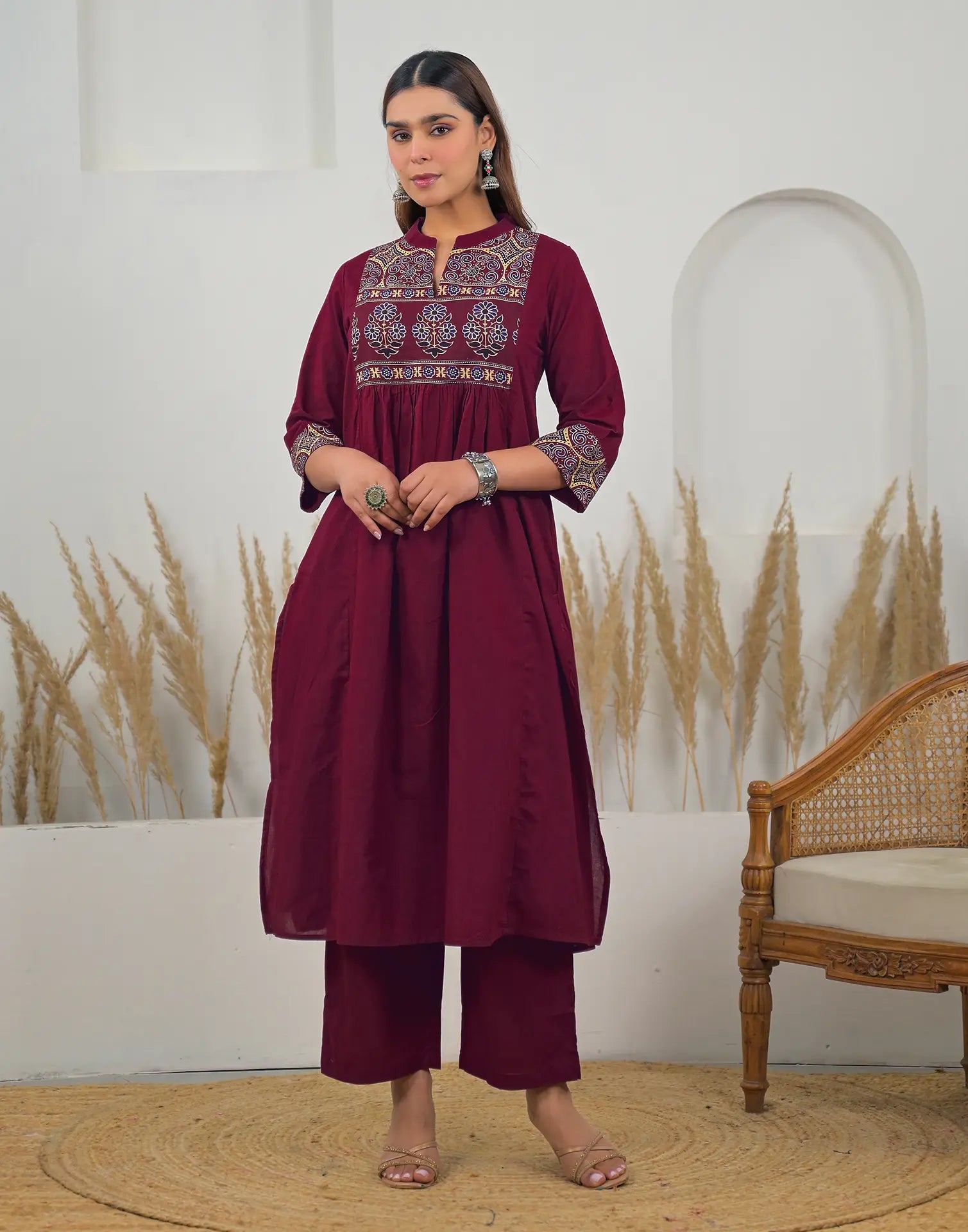 Skylee Cotton Printed A-Line 3 Piece Kurta Set For Woman