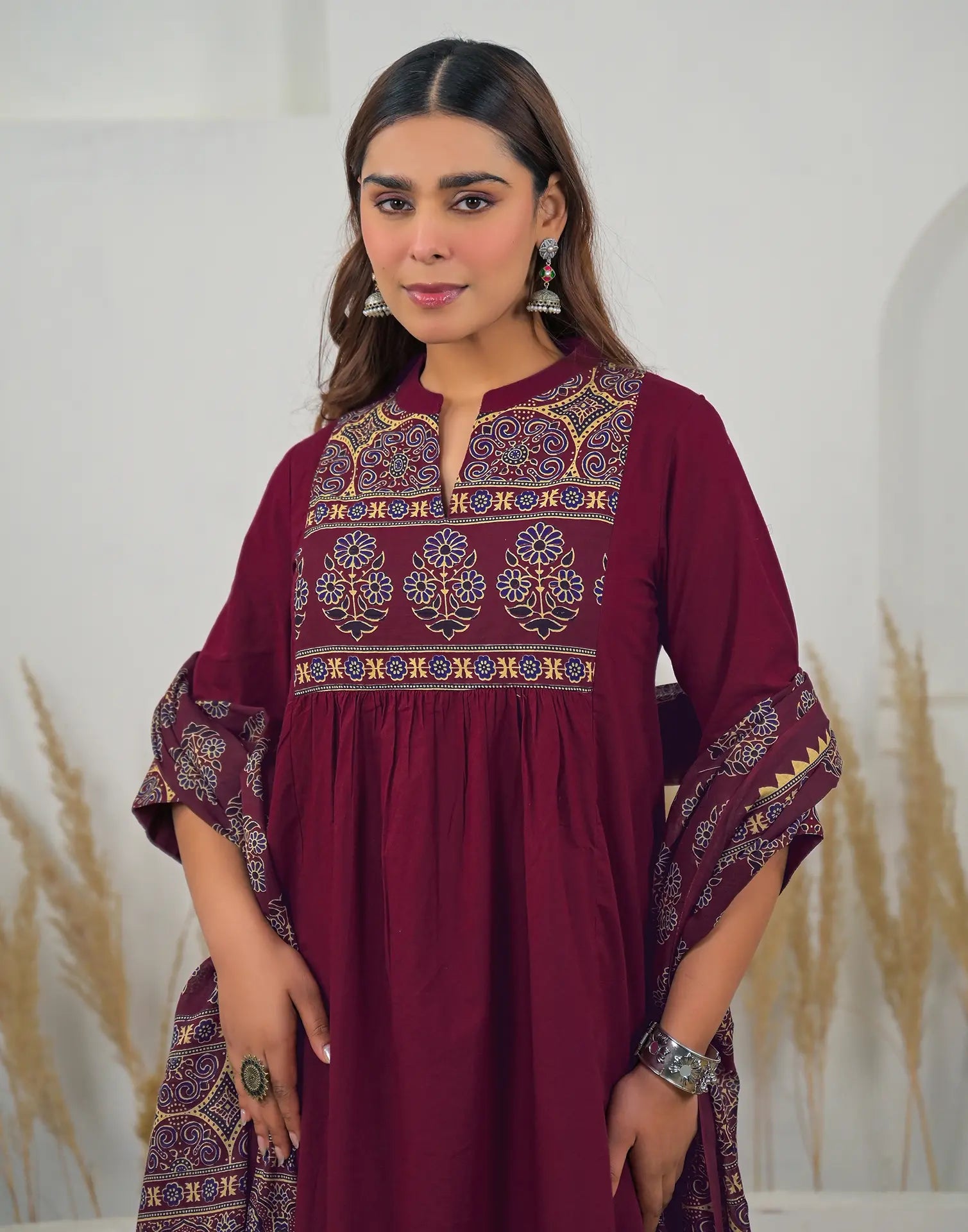 Skylee Cotton Printed A-Line 3 Piece Kurta Set For Woman