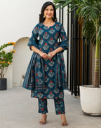 Skylee Cotton Floral Print Straight 3 Piece Kurta Set For Woman