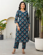 Skylee Cotton Floral Print Straight 3 Piece Kurta Set For Woman