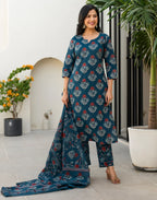 Skylee Cotton Floral Print Straight 3 Piece Kurta Set For Woman