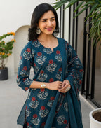 Skylee Cotton Floral Print Straight 3 Piece Kurta Set For Woman