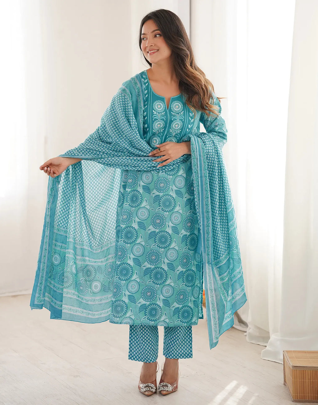 Skylee Cotton Embroidered Straight 3 Piece Kurta Set For Woman