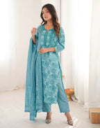 Skylee Cotton Embroidered Straight 3 Piece Kurta Set For Woman