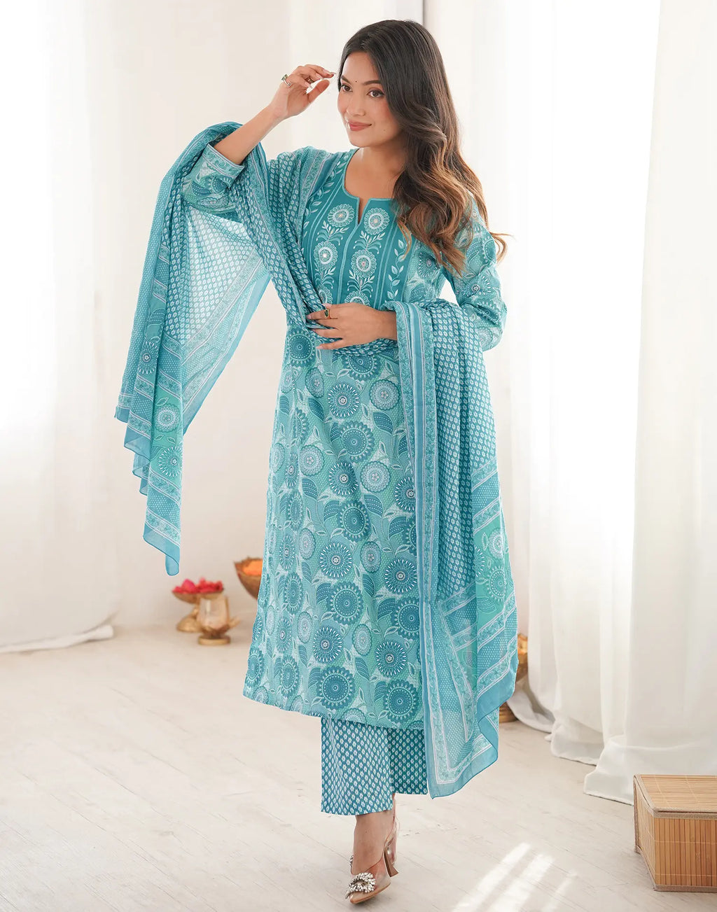 Skylee Cotton Embroidered Straight 3 Piece Kurta Set For Woman