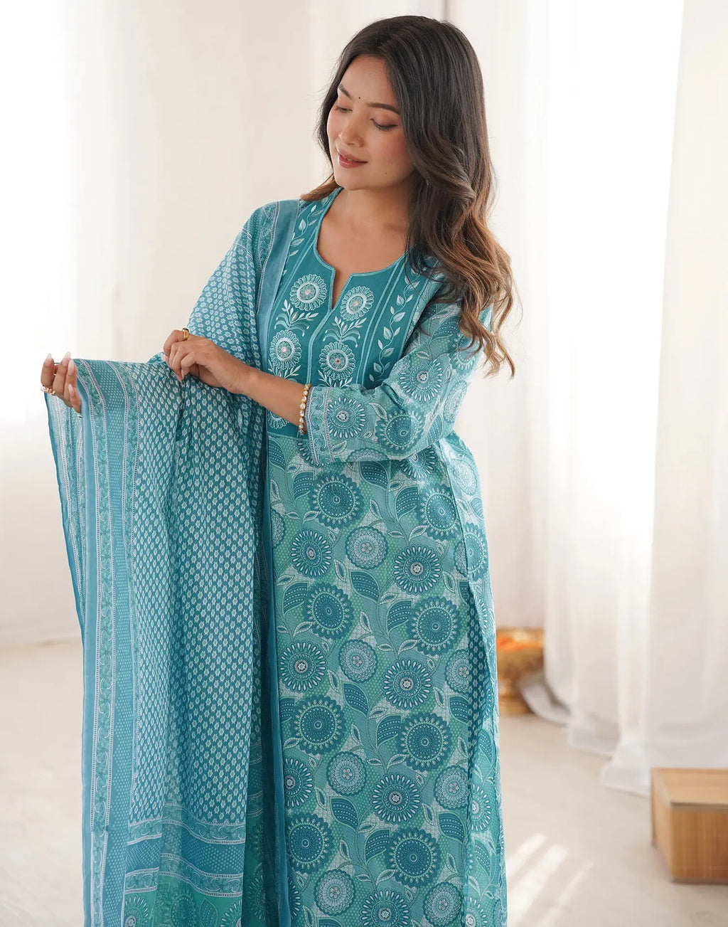 Skylee Cotton Embroidered Straight 3 Piece Kurta Set For Woman