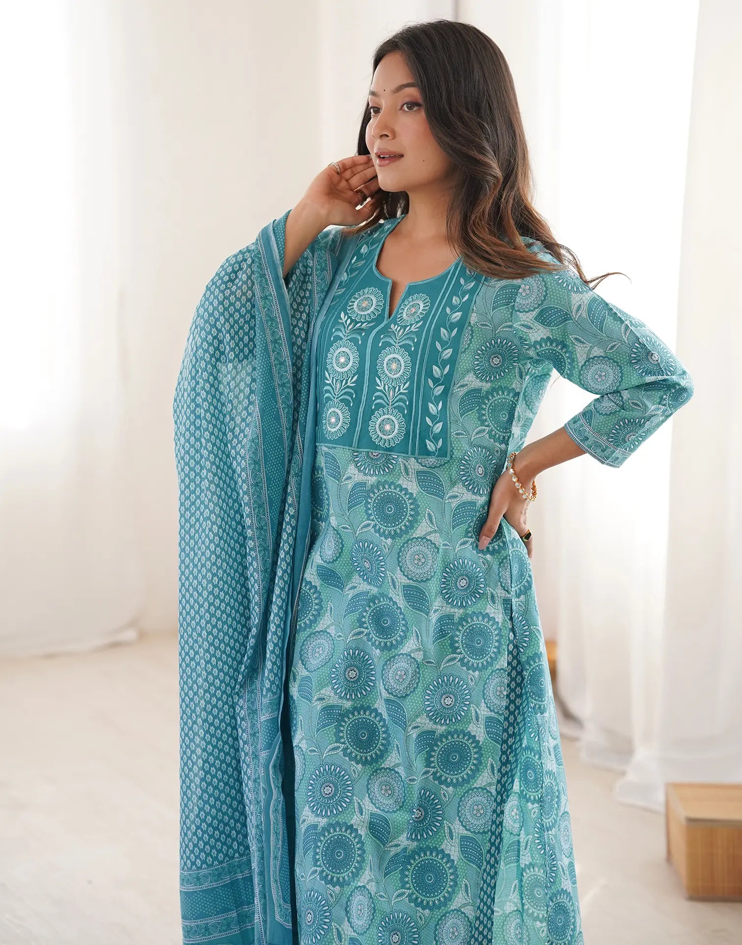 Skylee Cotton Embroidered Straight 3 Piece Kurta Set For Woman