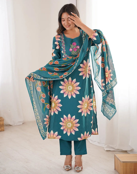 Teal Blue Round Neck Embroidery with Print Straight 3 Piece Kurta Set with Printed Dupatta