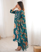 Skylee Cotton Floral Print Straight 3 Piece Kurta Set For Woman