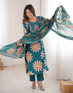 Skylee Cotton Floral Print Straight 3 Piece Kurta Set For Woman