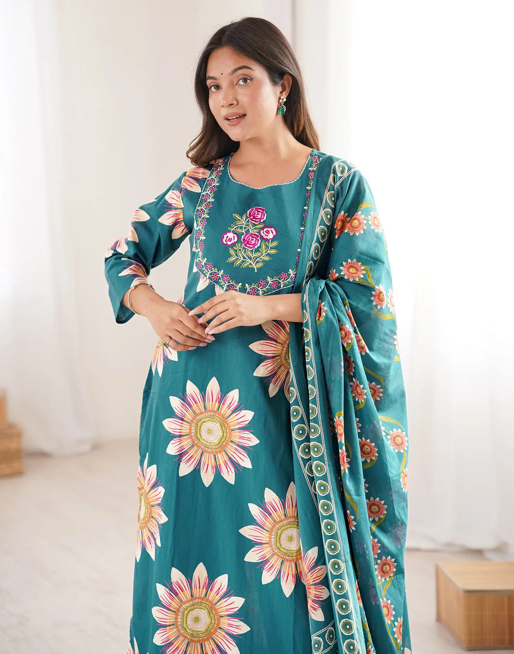 Skylee Cotton Floral Print Straight 3 Piece Kurta Set For Woman
