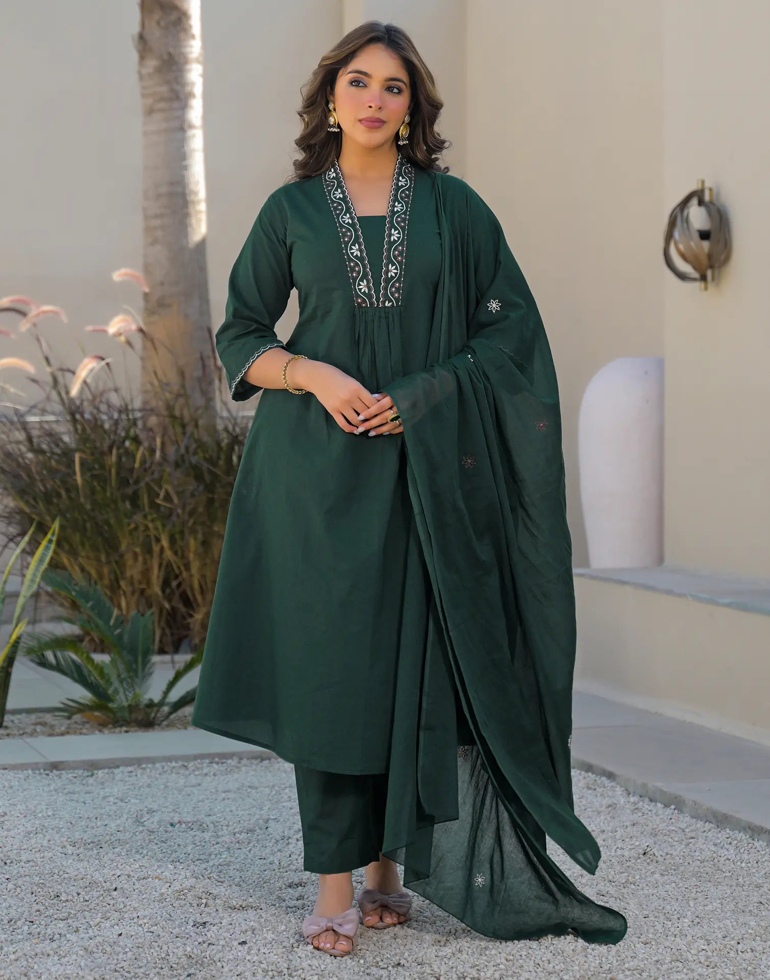 Skylee Cotton Embroidered A-Line 3 Piece Kurta Set For Woman