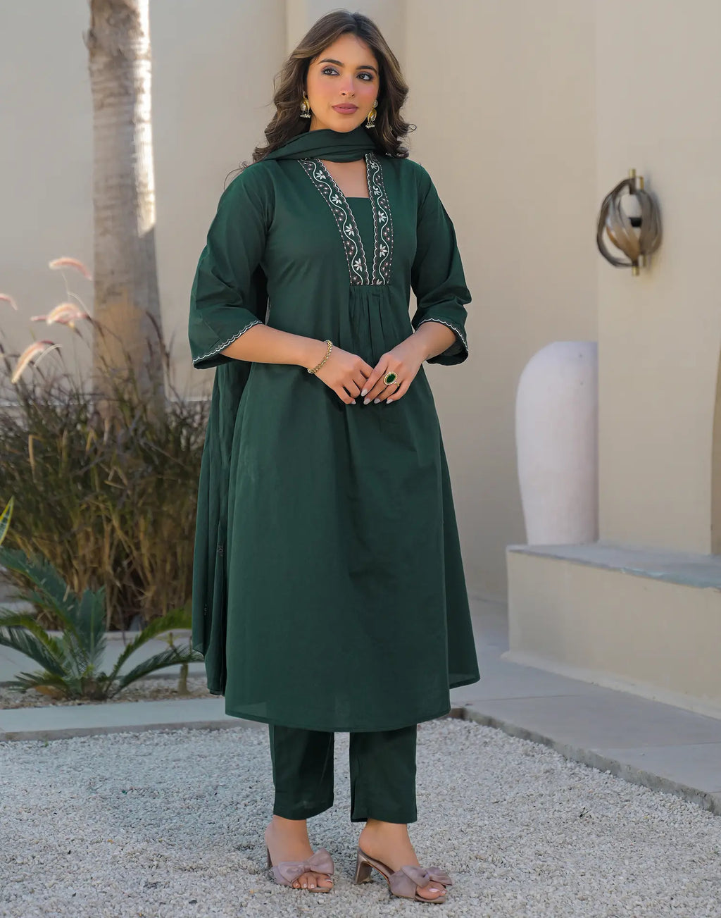 Skylee Cotton Embroidered A-Line 3 Piece Kurta Set For Woman