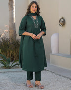 Skylee Cotton Embroidered A-Line 3 Piece Kurta Set For Woman