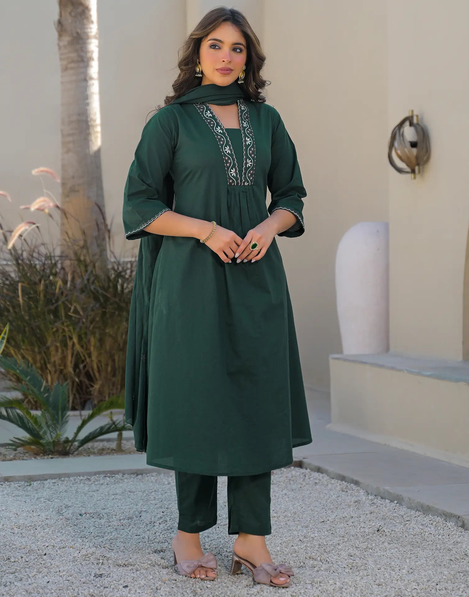 Skylee Cotton Embroidered A-Line 3 Piece Kurta Set For Woman