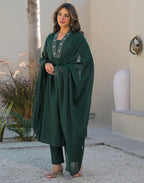 Skylee Cotton Embroidered A-Line 3 Piece Kurta Set For Woman