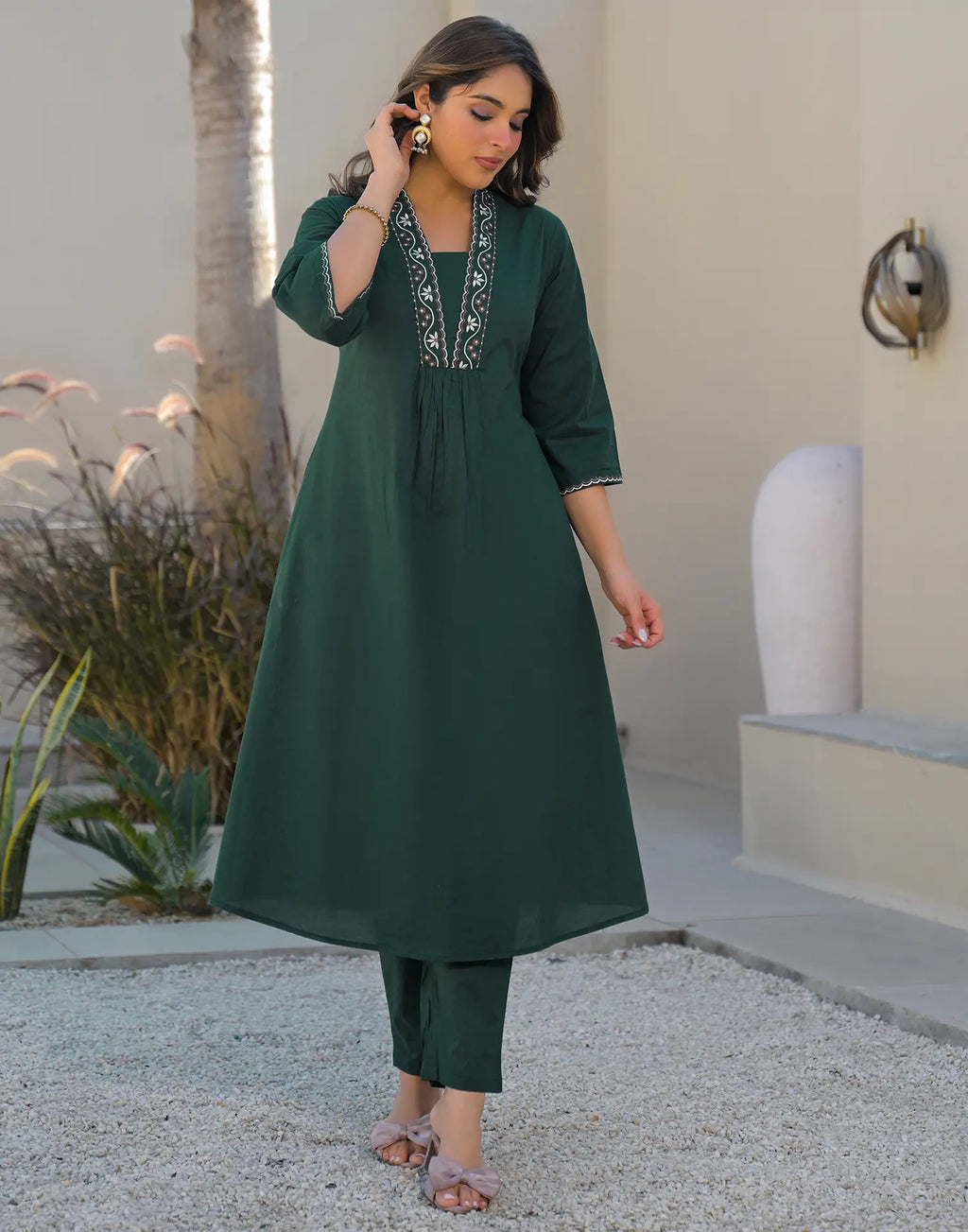 Skylee Cotton Embroidered A-Line 3 Piece Kurta Set For Woman