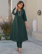 Skylee Cotton Embroidered A-Line 3 Piece Kurta Set For Woman