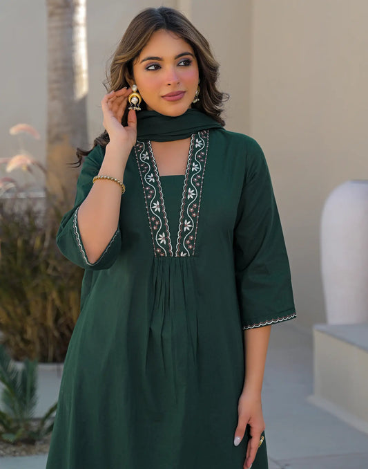 Cotton Embroidered A-Line 3 Piece Kurta Set