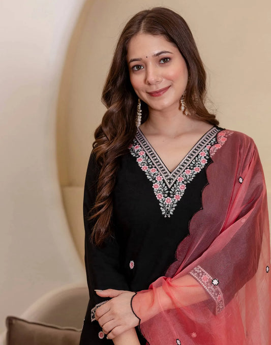 Rayon Embroidered Straight Kurta with Pant & Dupatta