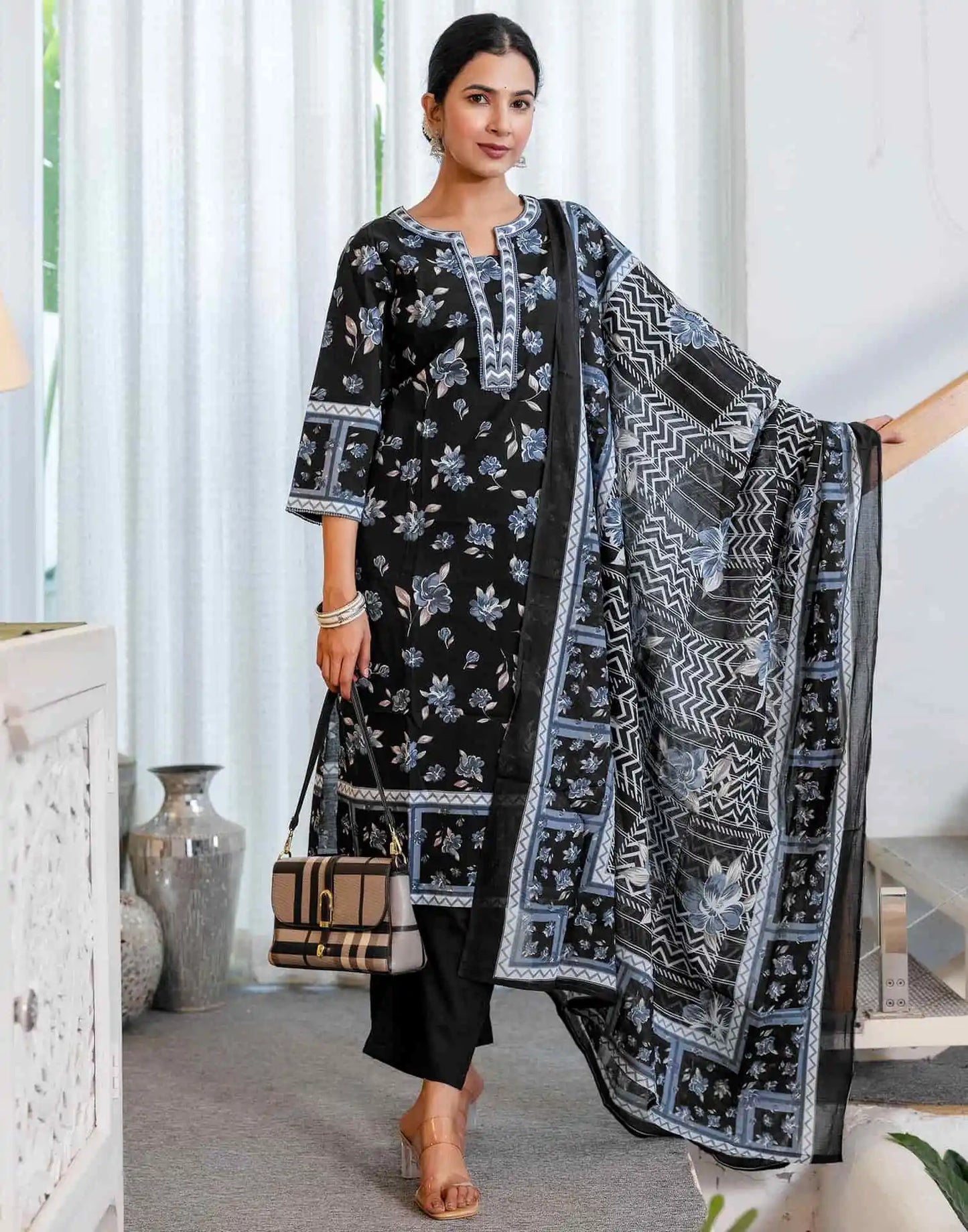 Affordable Blue Cotton Printed Straight Kurta Set with Pant & Dupatta under 799