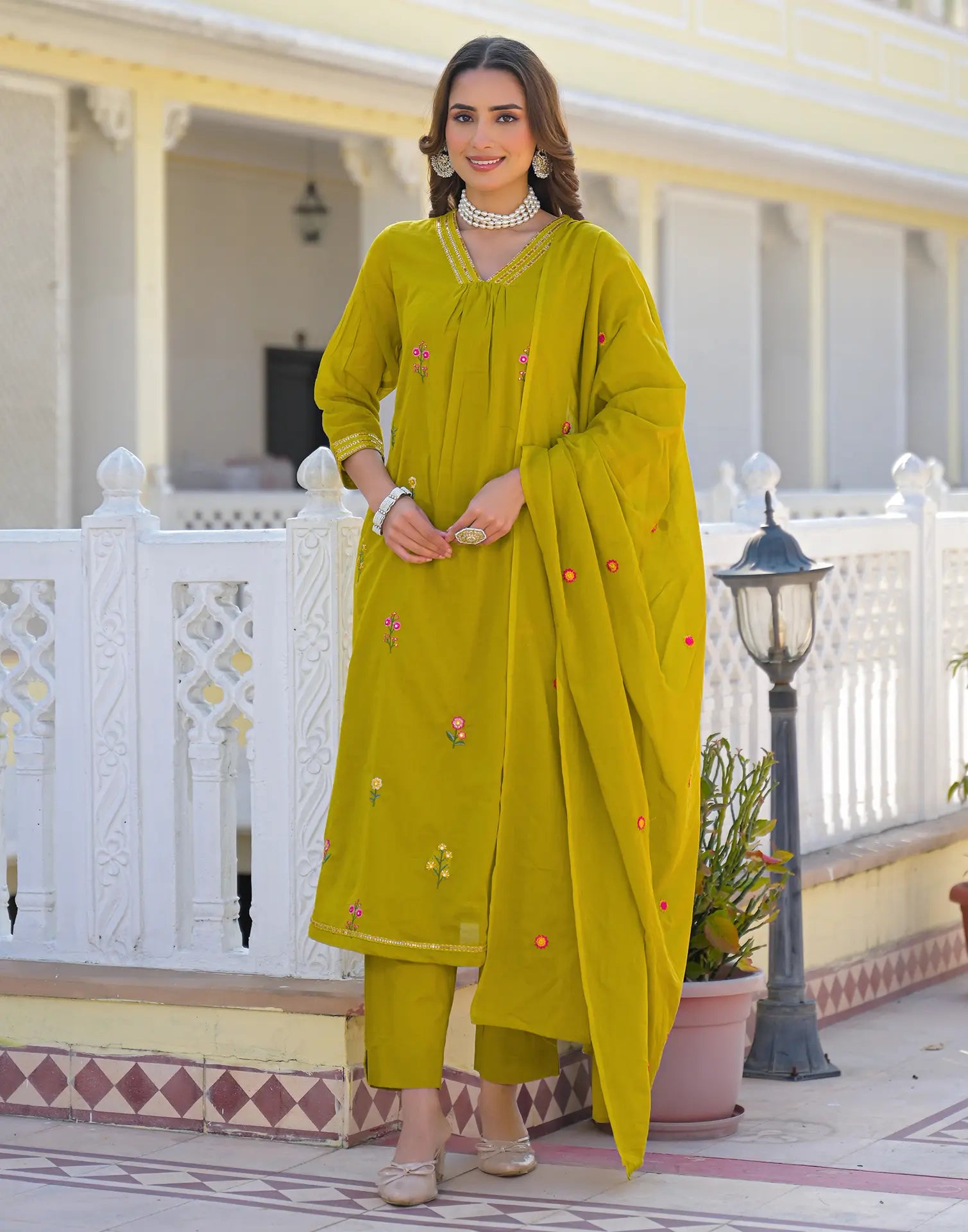 Mustard Olive V-Neck Embroidered A-Line 3 Piece Kurta Set with Dupatta