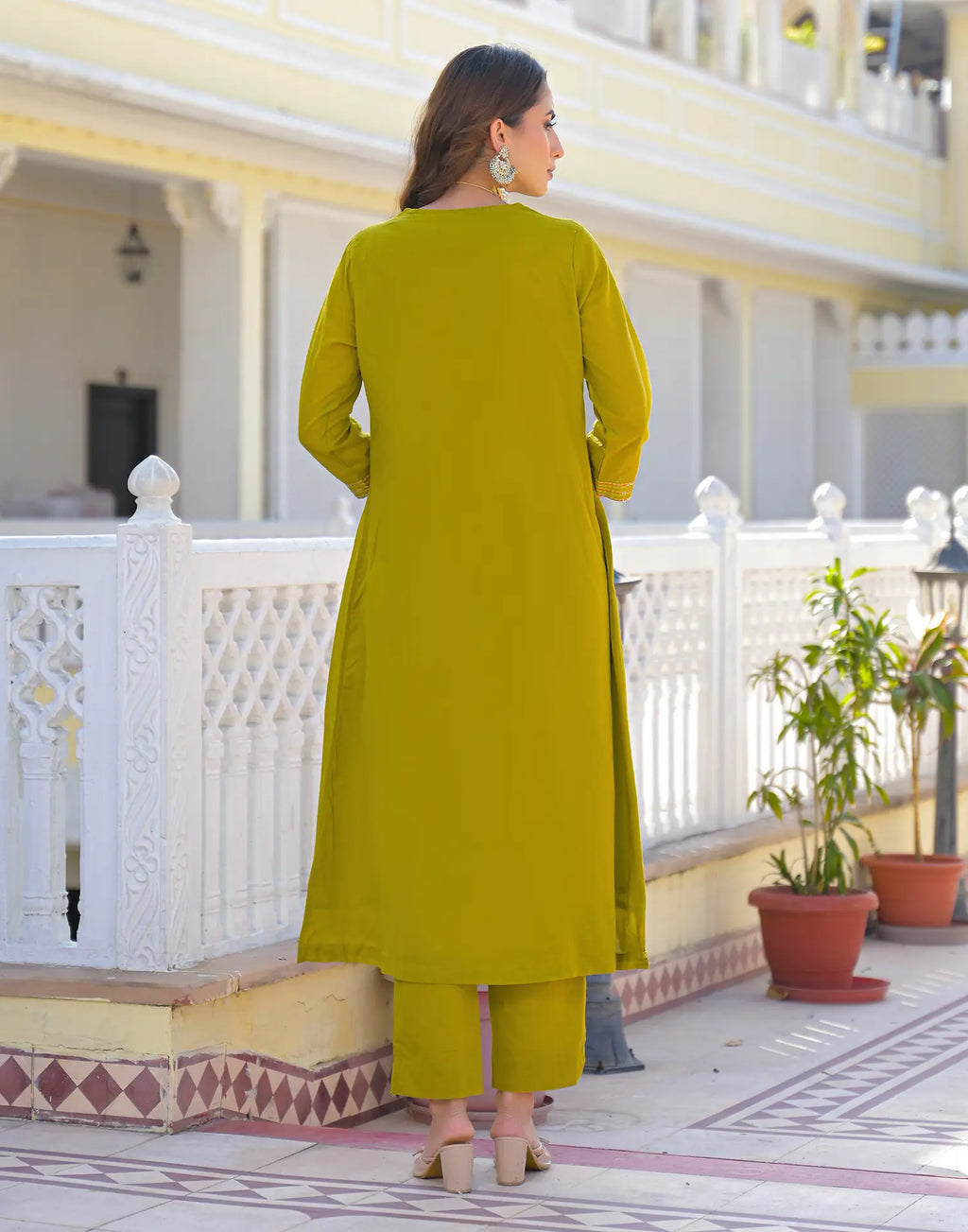 Mustard Olive V-Neck Embroidered A-Line 3 Piece Kurta Set with Dupatta