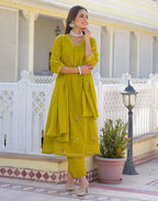 Mustard Olive V-Neck Embroidered A-Line 3 Piece Kurta Set with Dupatta
