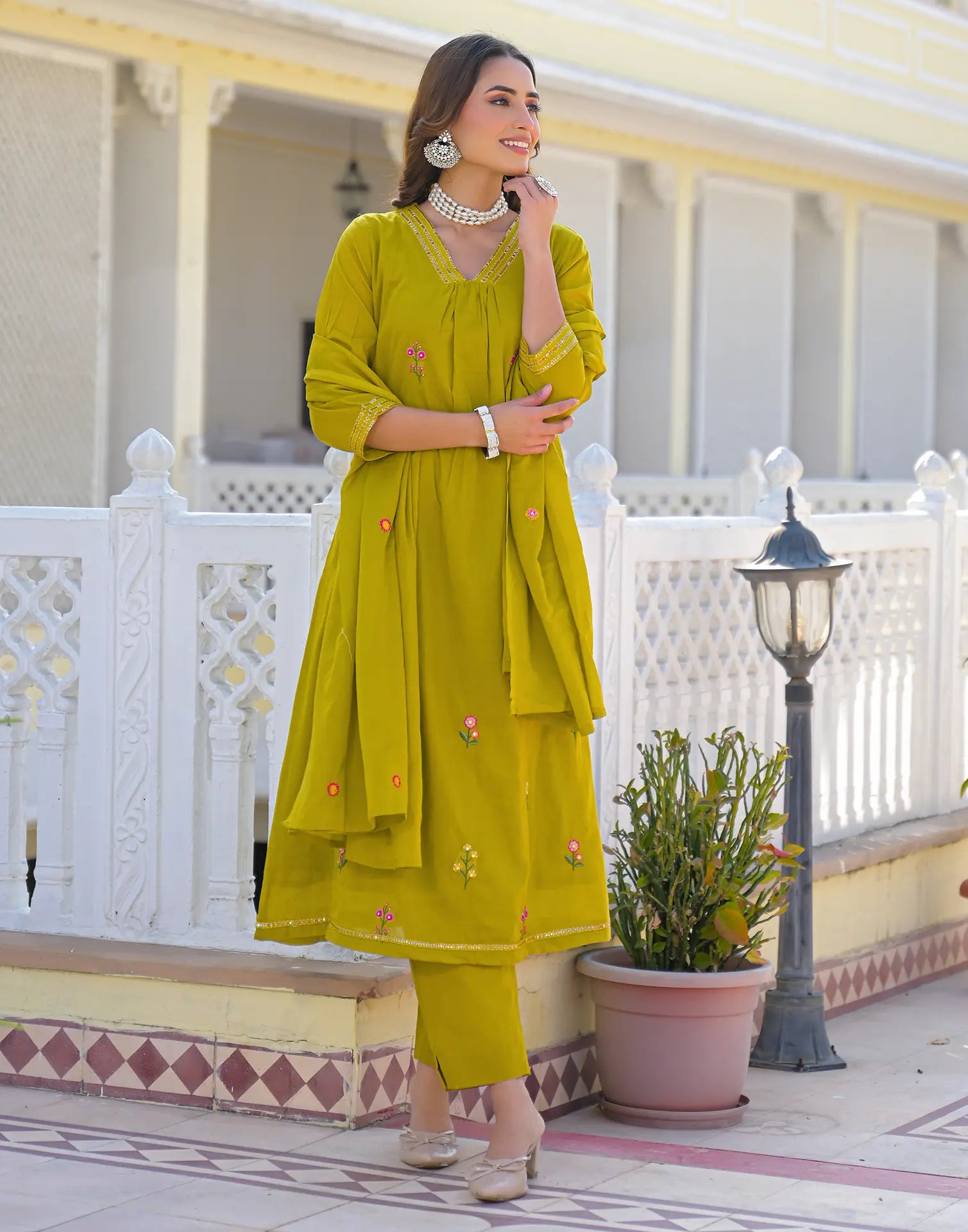 Mustard Olive V-Neck Embroidered A-Line 3 Piece Kurta Set with Dupatta