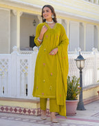 Mustard Olive V-Neck Embroidered A-Line 3 Piece Kurta Set with Dupatta