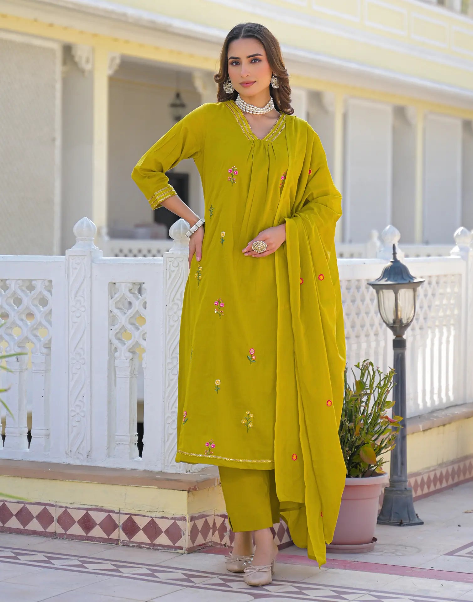 Mustard Olive V-Neck Embroidered A-Line 3 Piece Kurta Set with Dupatta