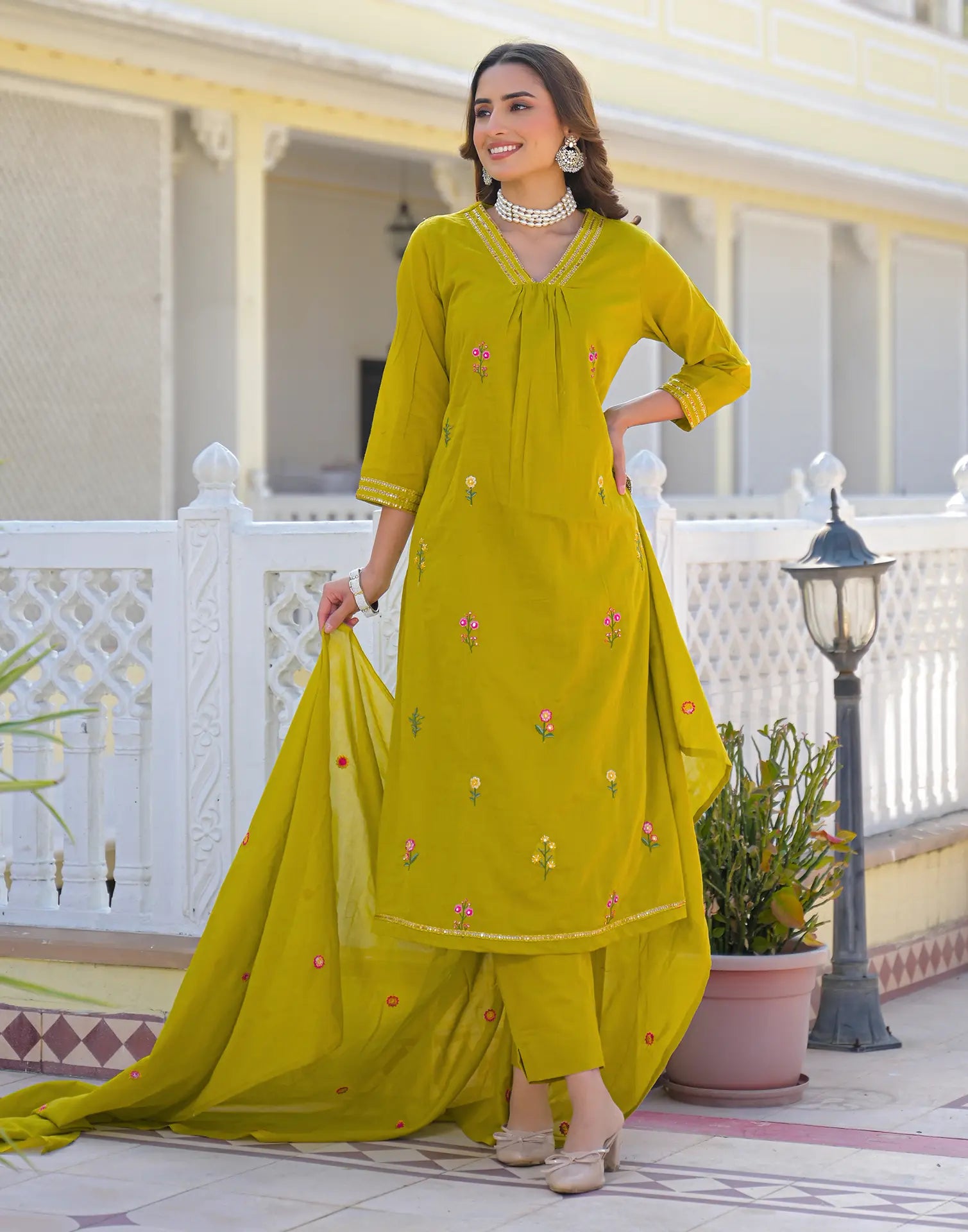Mustard Olive V-Neck Embroidered A-Line 3 Piece Kurta Set with Dupatta