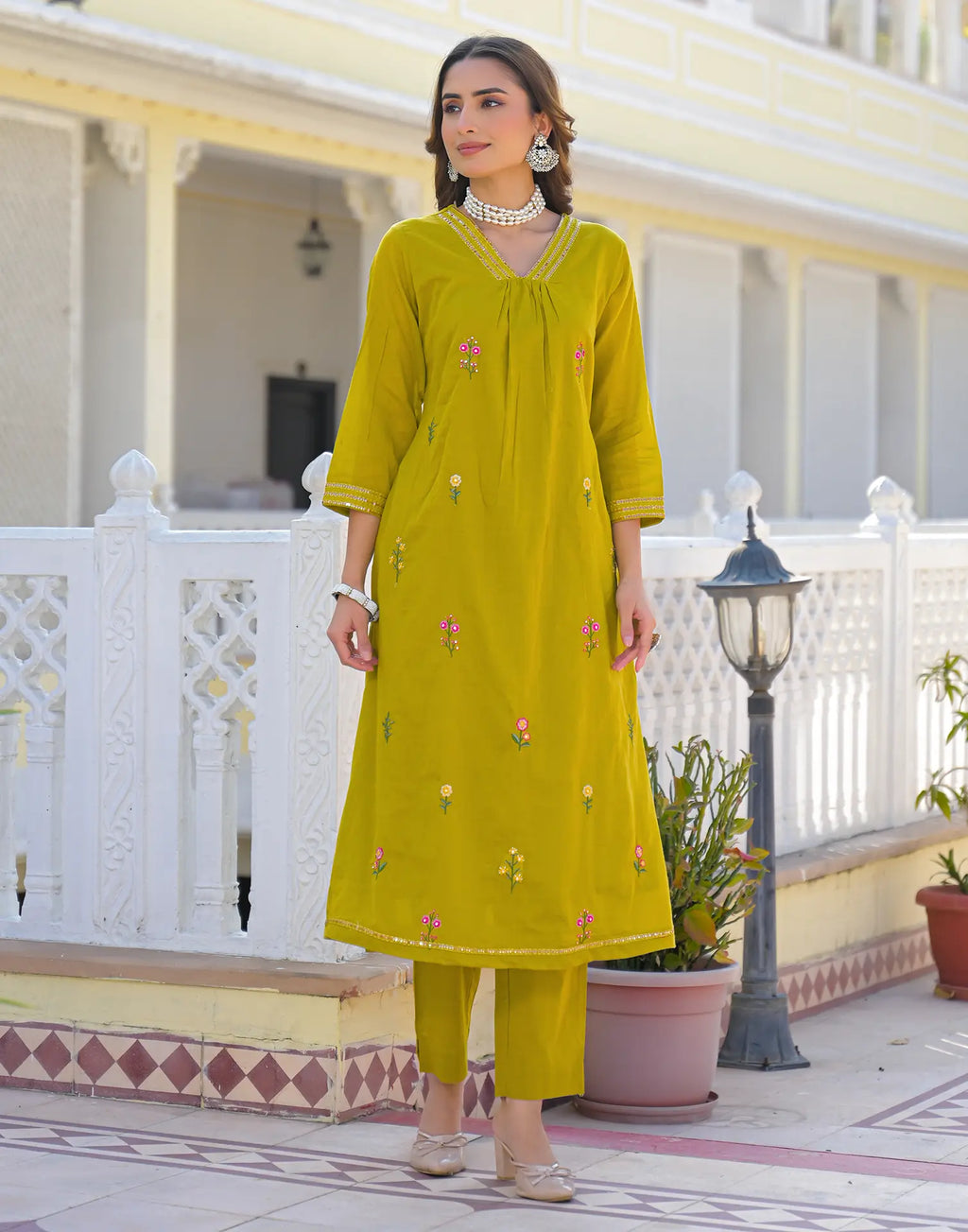 Mustard Olive V-Neck Embroidered A-Line 3 Piece Kurta Set with Dupatta