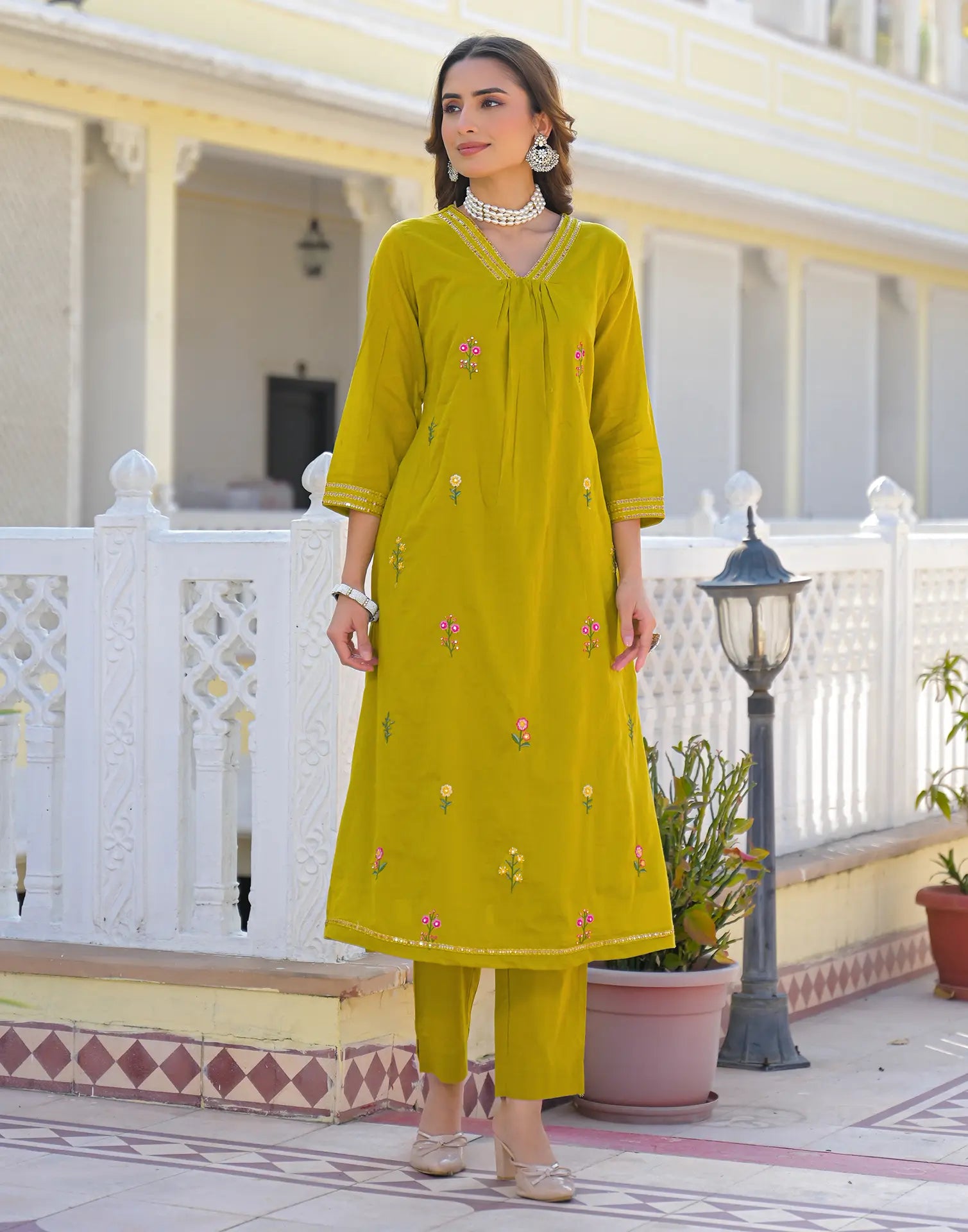 Mustard Olive V-Neck Embroidered A-Line 3 Piece Kurta Set with Dupatta