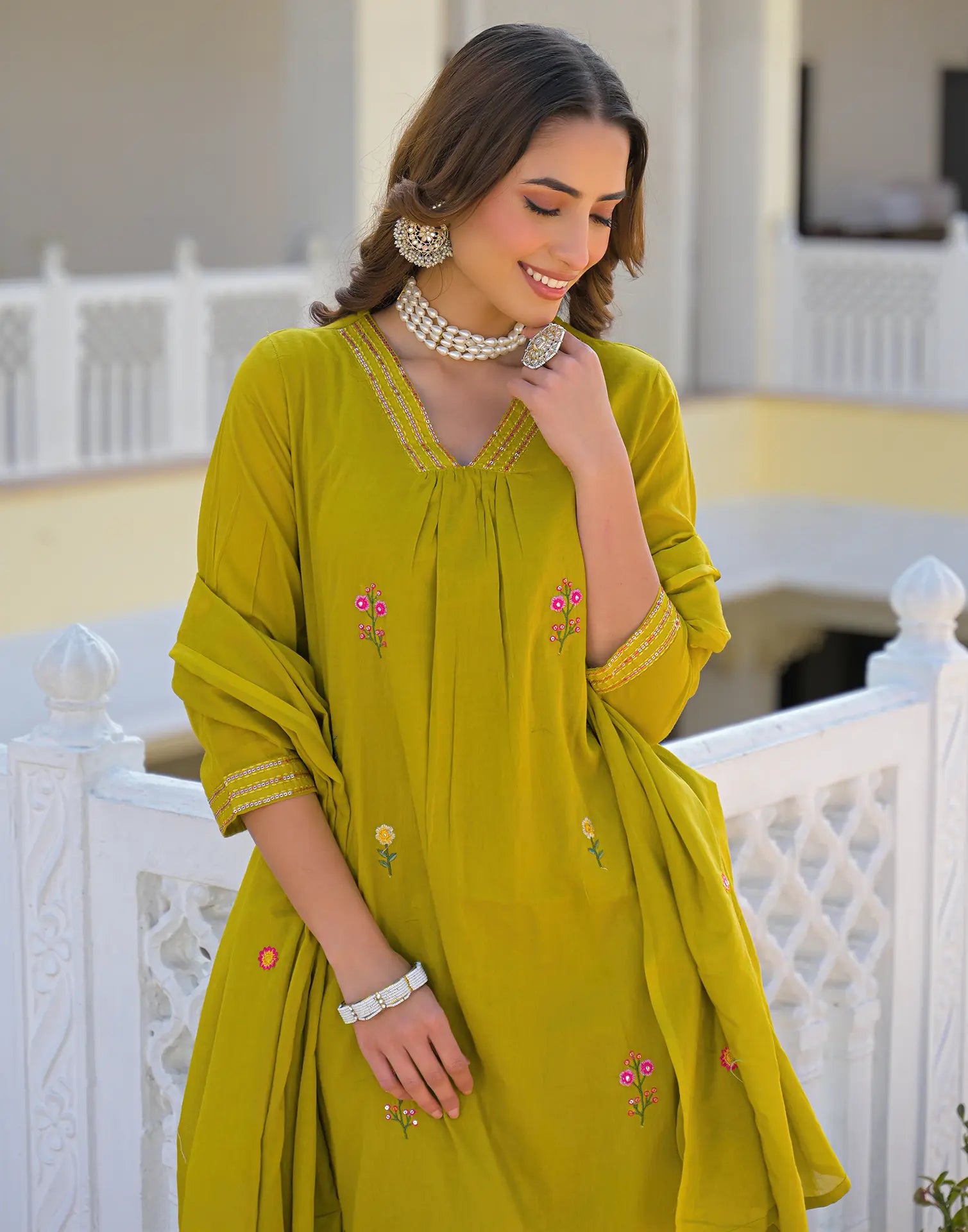 Mustard Olive V-Neck Embroidered A-Line 3 Piece Kurta Set with Dupatta