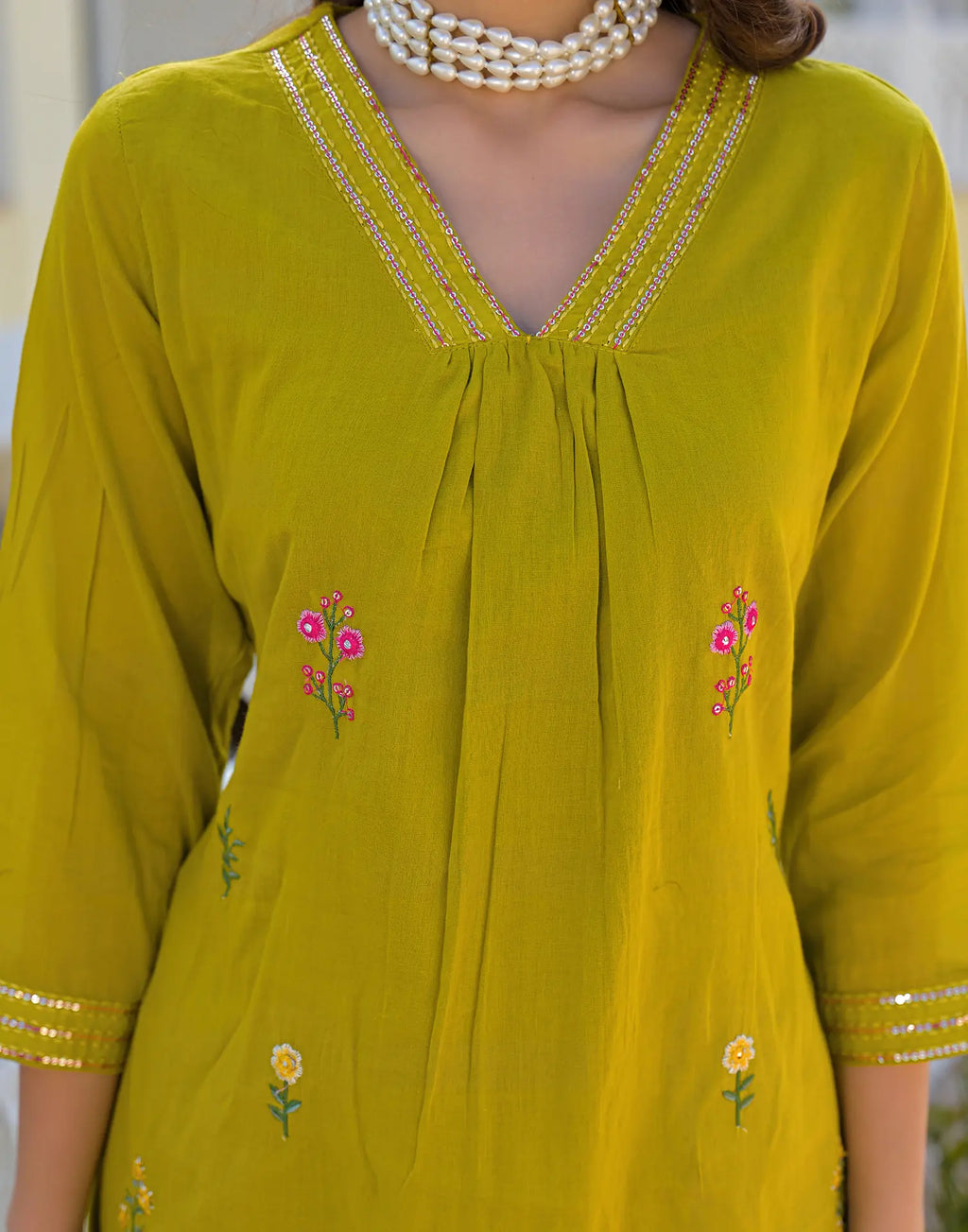 Mustard Olive V-Neck Embroidered A-Line 3 Piece Kurta Set with Dupatta