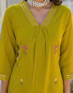 Mustard Olive V-Neck Embroidered A-Line 3 Piece Kurta Set with Dupatta