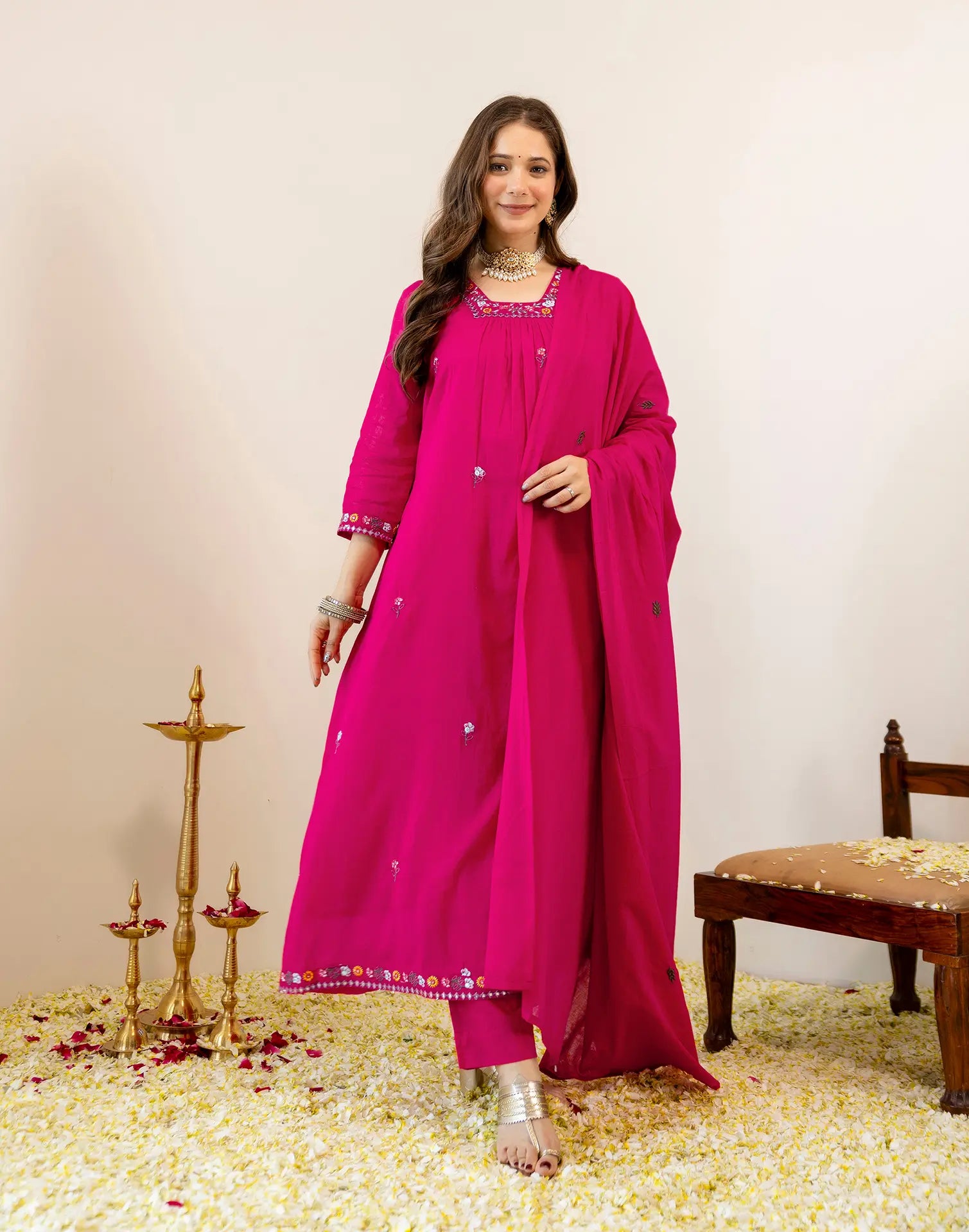 Fuchsia Pink Glass Neck Embroidered Anarkali 3 Piece Kurta Set with Dupatta