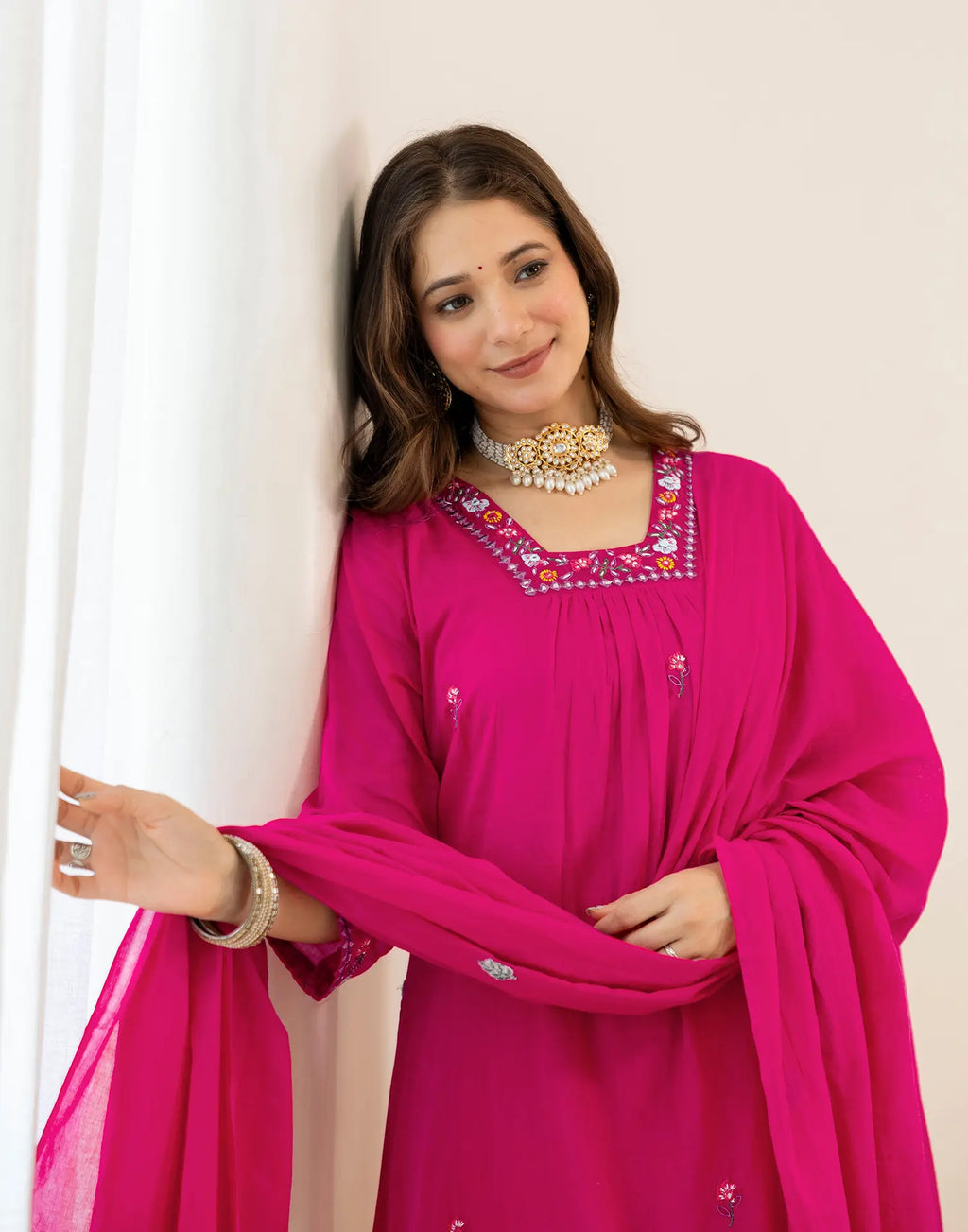 Fuchsia Pink Glass Neck Embroidered Anarkali 3 Piece Kurta Set with Dupatta