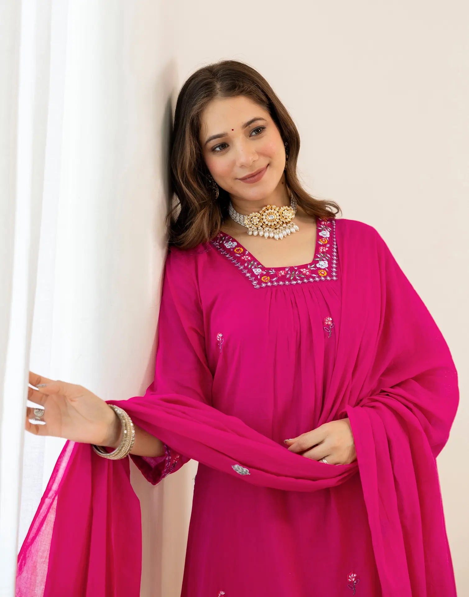Fuchsia Pink Glass Neck Embroidered Anarkali 3 Piece Kurta Set with Dupatta