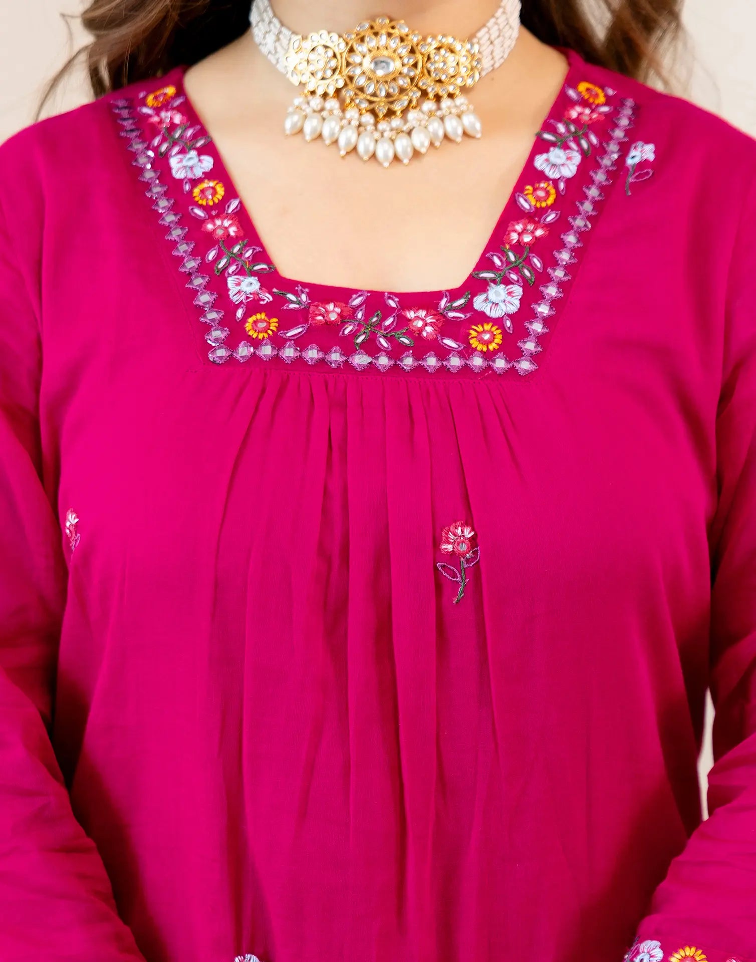 Fuchsia Pink Glass Neck Embroidered Anarkali 3 Piece Kurta Set with Dupatta