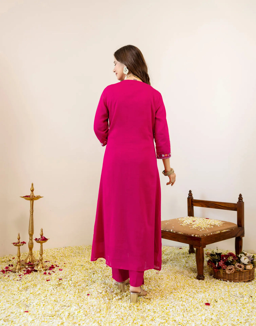 Fuchsia Pink Glass Neck Embroidered Anarkali 3 Piece Kurta Set with Dupatta