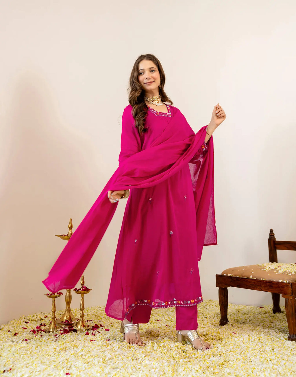 Fuchsia Pink Glass Neck Embroidered Anarkali 3 Piece Kurta Set with Dupatta