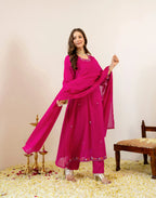 Fuchsia Pink Glass Neck Embroidered Anarkali 3 Piece Kurta Set with Dupatta