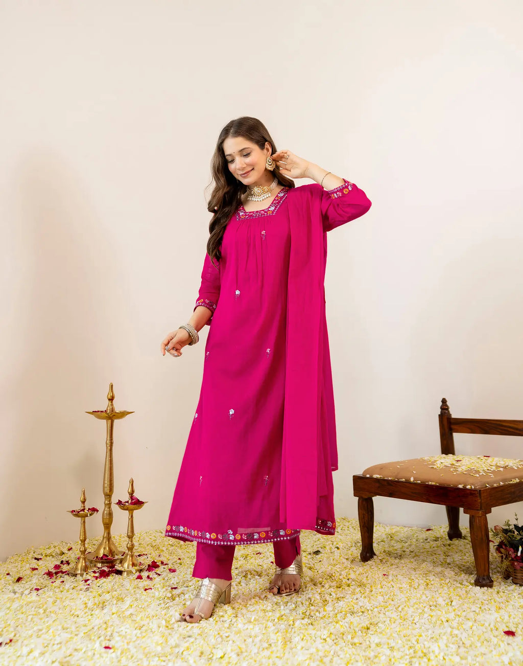 Fuchsia Pink Glass Neck Embroidered Anarkali 3 Piece Kurta Set with Dupatta