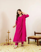 Fuchsia Pink Glass Neck Embroidered Anarkali 3 Piece Kurta Set with Dupatta